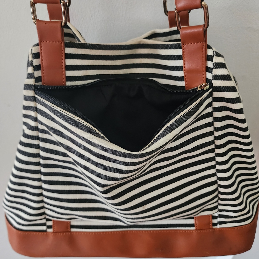 Striped Black and White Tote Bag with Brown Accents